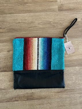 Vaalbara Designs Texas Turquoise Black Leather Large Clutch Pouch Festival
